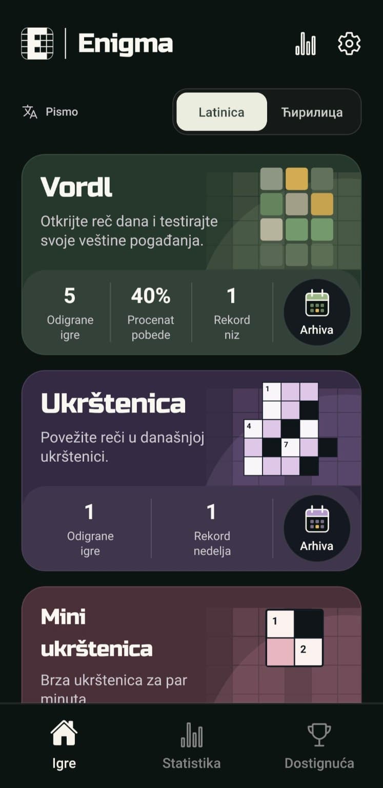 Enigma u tamnoj temi: Vordl, ukrštenica i mini ukrštenica na tamnoj pozadini sa pastelnim akcentima