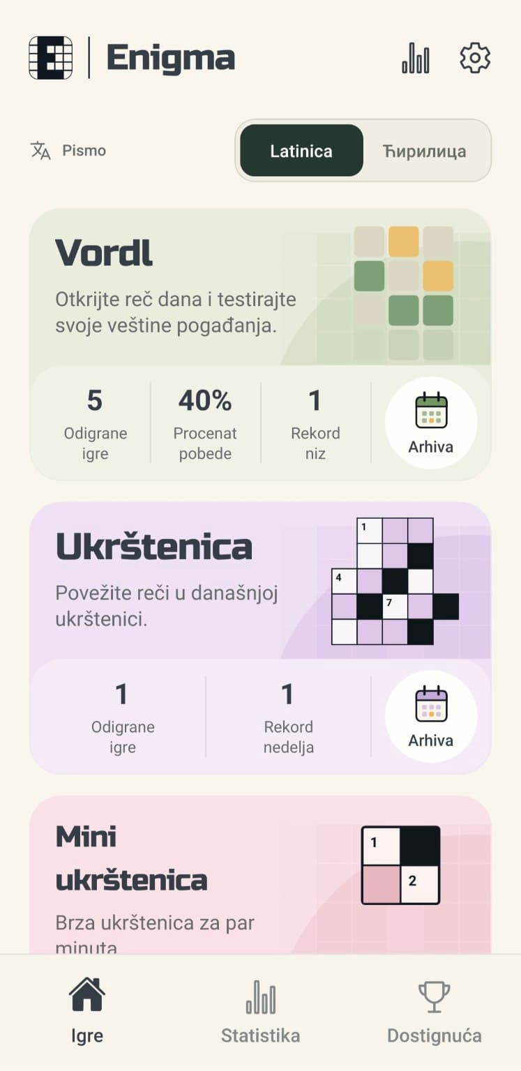Početni ekran Enigme sa Vordlom, ukrštenicom i mini ukrštenicom